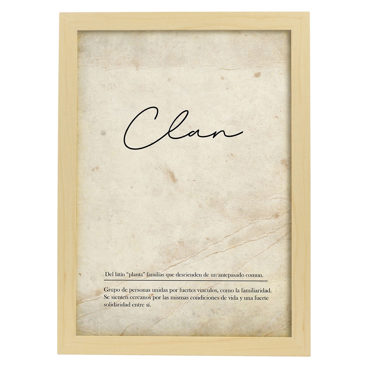 Lámina con la definición de la palabra Clan en con Fondo Vintage-Artwork-Nacnic-A4-Marco Madera clara-Nacnic Estudio SL