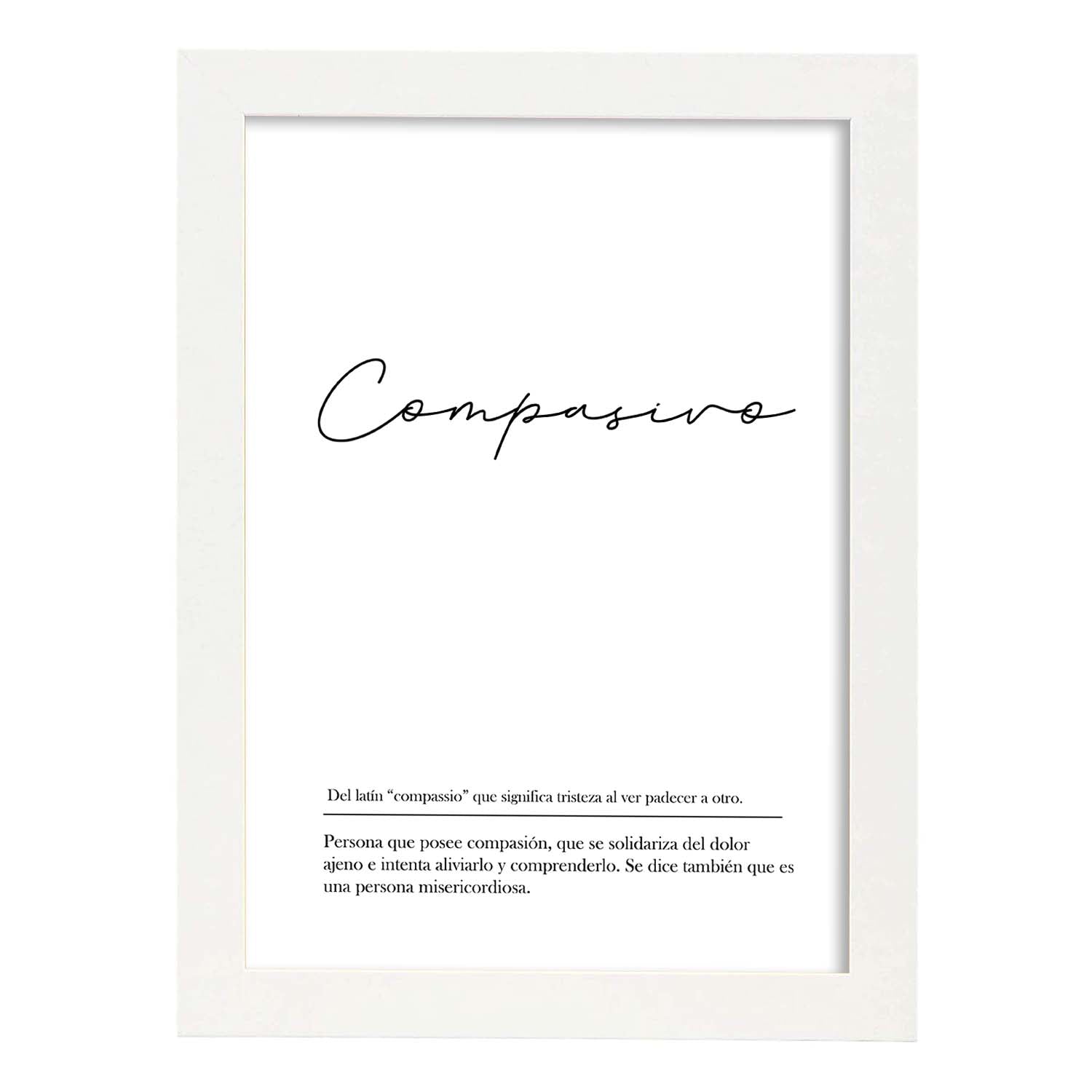 Lámina con la definición de la palabra Compasivo en con fondo Blanco nórdico-Artwork-Nacnic-A4-Marco Blanco-Nacnic Estudio SL