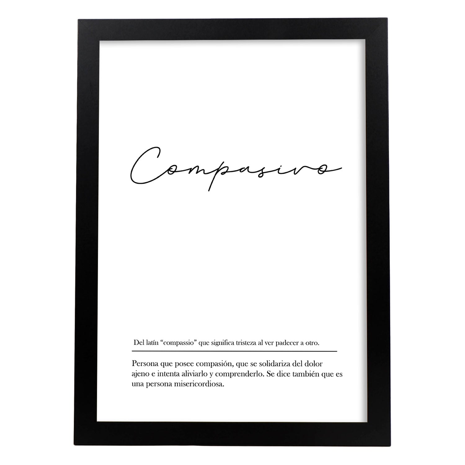 Lámina con la definición de la palabra Compasivo en con fondo Blanco nórdico-Artwork-Nacnic-A4-Marco Negro-Nacnic Estudio SL