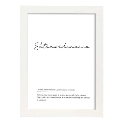 Lámina con la definición de la palabra Extraordinario en con fondo Blanco nórdico-Artwork-Nacnic-A4-Marco Blanco-Nacnic Estudio SL