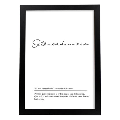 Lámina con la definición de la palabra Extraordinario en con fondo Blanco nórdico-Artwork-Nacnic-A4-Marco Negro-Nacnic Estudio SL