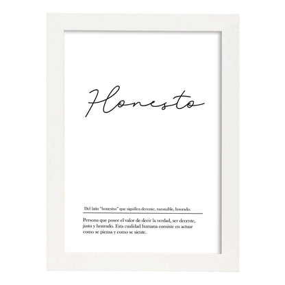 Lámina con la definición de la palabra Honesto en con fondo Blanco nórdico-Artwork-Nacnic-A4-Marco Blanco-Nacnic Estudio SL