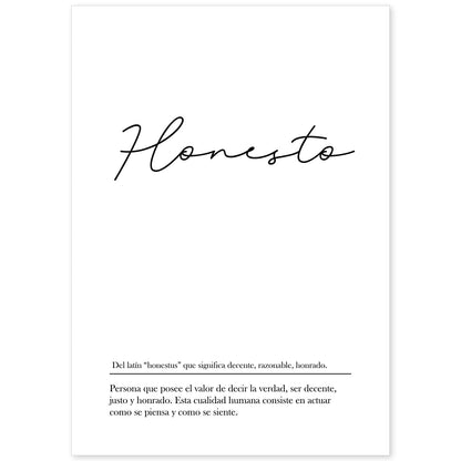 Lámina con la definición de la palabra Honesto en con fondo Blanco nórdico-Artwork-Nacnic-A4-Sin marco-Nacnic Estudio SL