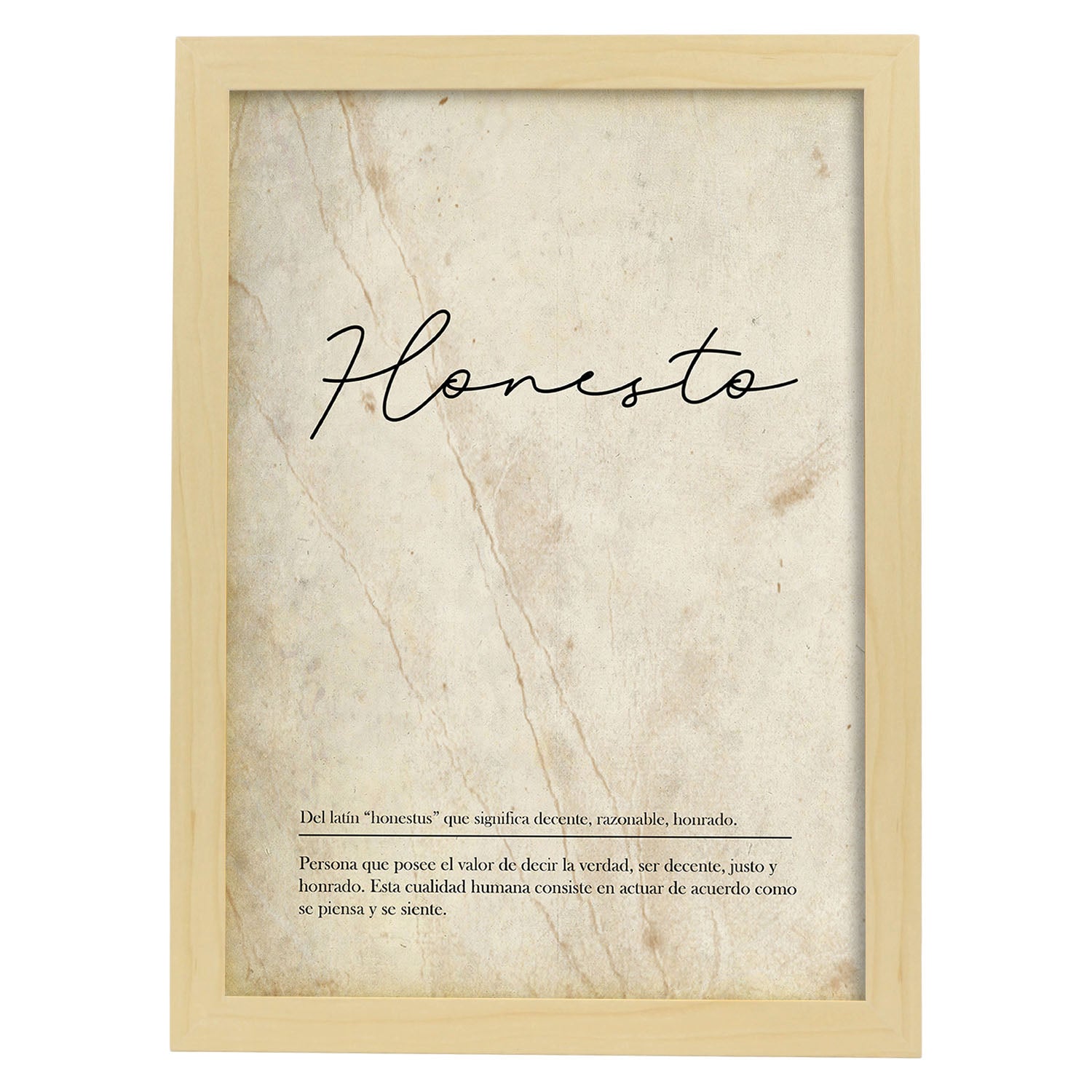Lámina con la definición de la palabra Honesto en con Fondo Vintage-Artwork-Nacnic-A3-Marco Madera clara-Nacnic Estudio SL