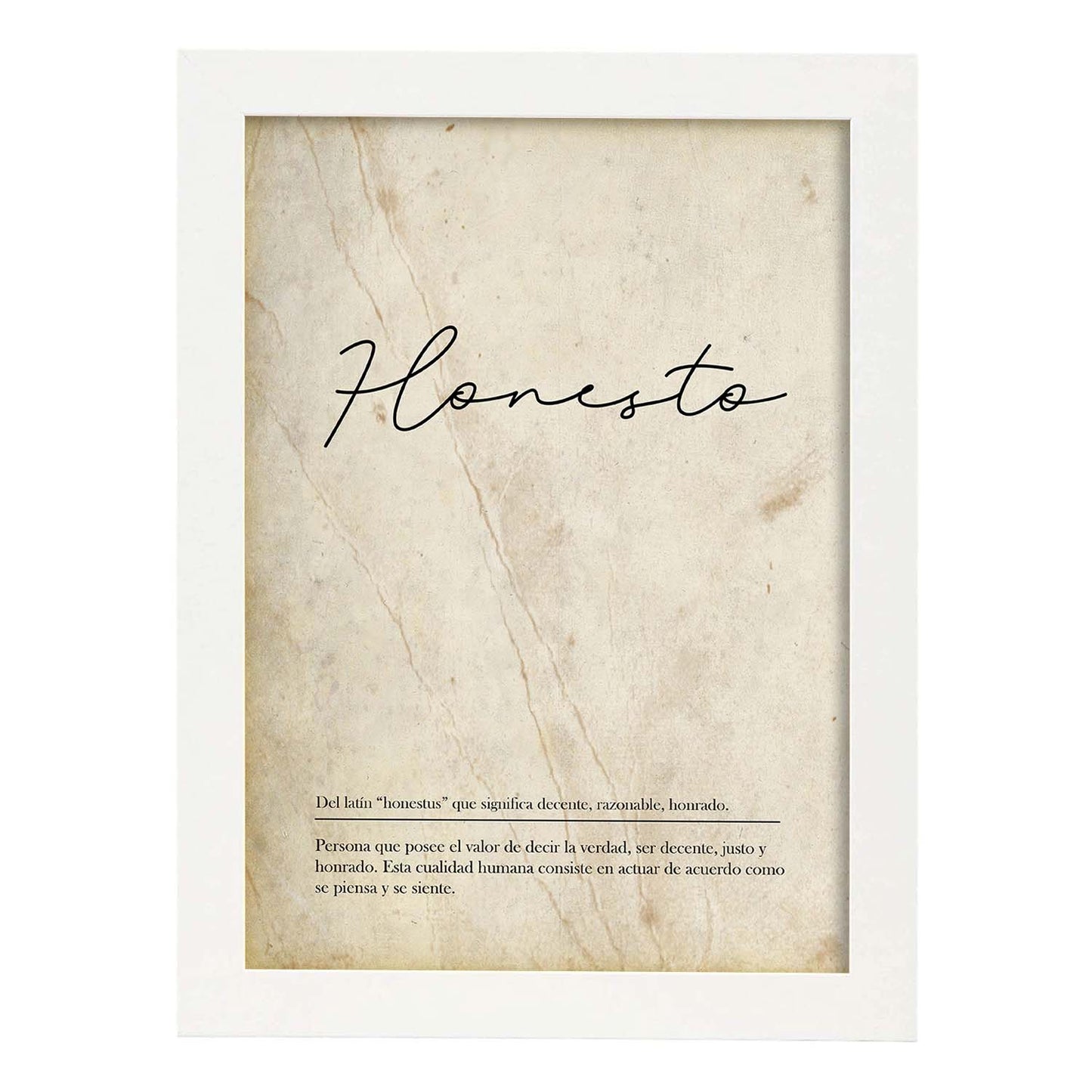 Lámina con la definición de la palabra Honesto en con Fondo Vintage-Artwork-Nacnic-A4-Marco Blanco-Nacnic Estudio SL