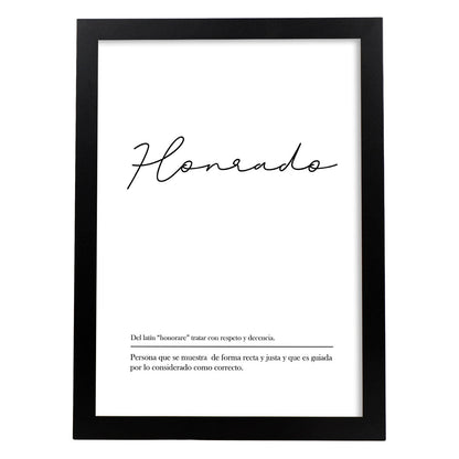 Lámina con la definición de la palabra Honrado en con fondo Blanco nórdico-Artwork-Nacnic-A4-Marco Negro-Nacnic Estudio SL