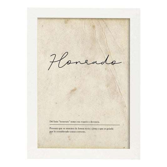 Lámina con la definición de la palabra Honrado en con Fondo Vintage-Artwork-Nacnic-A4-Marco Blanco-Nacnic Estudio SL