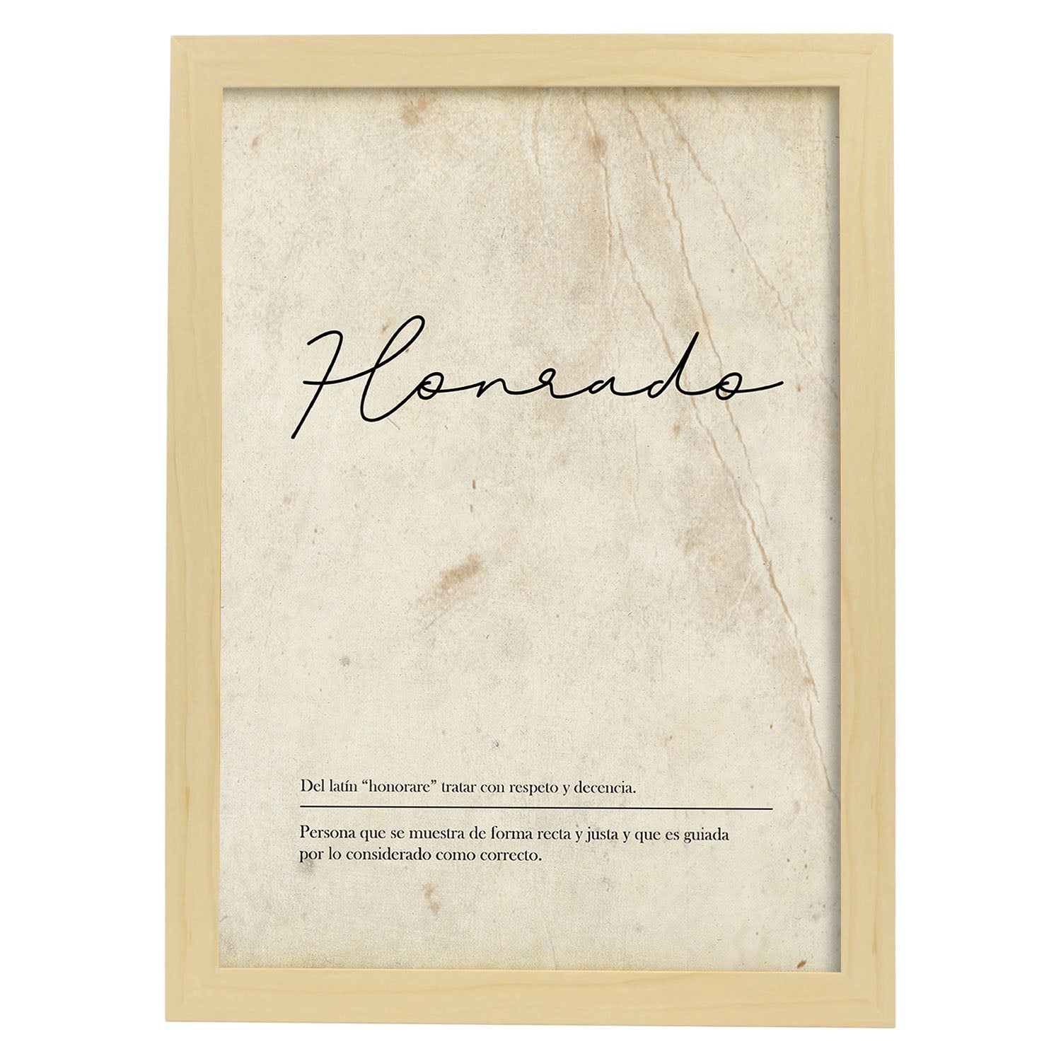 Lámina con la definición de la palabra Honrado en con Fondo Vintage-Artwork-Nacnic-A4-Marco Madera clara-Nacnic Estudio SL
