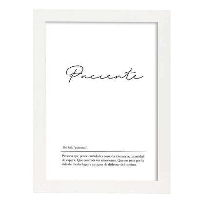 Lámina con la definición de la palabra Paciente en con fondo Blanco nórdico-Artwork-Nacnic-A4-Marco Blanco-Nacnic Estudio SL