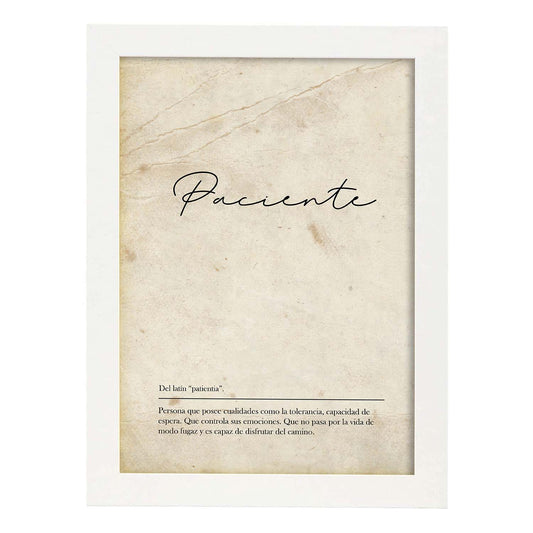 Lámina con la definición de la palabra Paciente en con Fondo Vintage-Artwork-Nacnic-A4-Marco Blanco-Nacnic Estudio SL