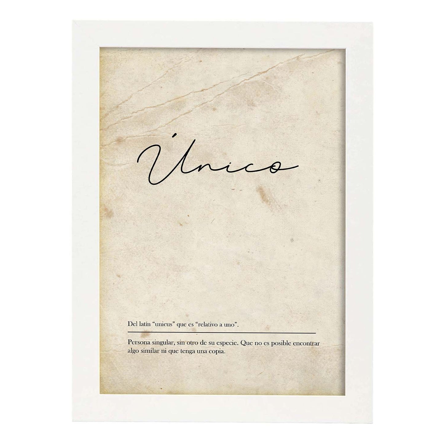Lámina con la definición de la palabra Unico en con Fondo Vintage-Artwork-Nacnic-A4-Marco Blanco-Nacnic Estudio SL