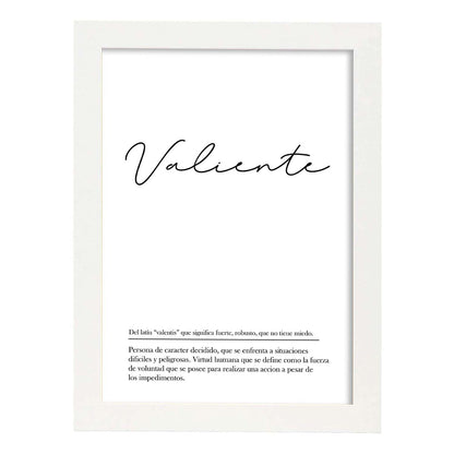 Lámina con la definición de la palabra Valiente en con fondo Blanco nórdico-Artwork-Nacnic-A4-Marco Blanco-Nacnic Estudio SL