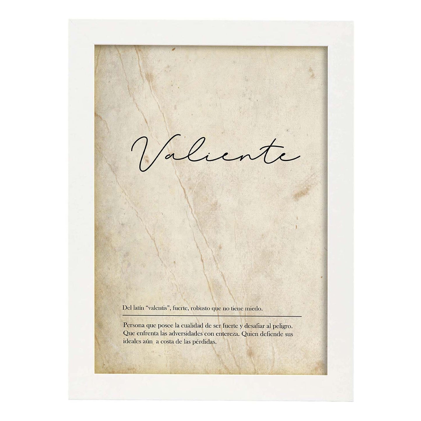 Lámina con la definición de la palabra Valiente en con Fondo Vintage-Artwork-Nacnic-A3-Marco Blanco-Nacnic Estudio SL