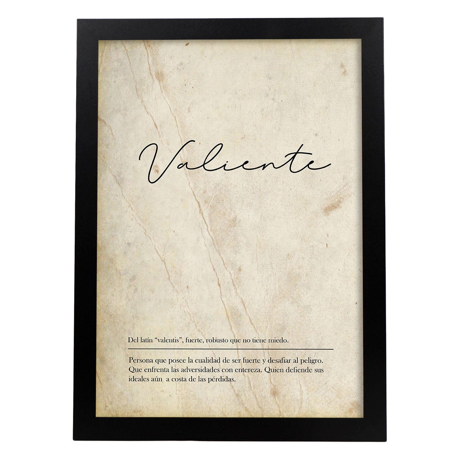 Lámina con la definición de la palabra Valiente en con Fondo Vintage-Artwork-Nacnic-A3-Marco Negro-Nacnic Estudio SL
