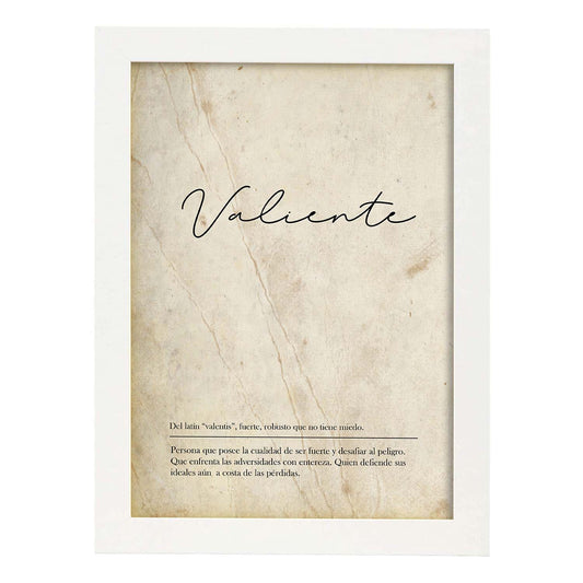 Lámina con la definición de la palabra Valiente en con Fondo Vintage-Artwork-Nacnic-A4-Marco Blanco-Nacnic Estudio SL