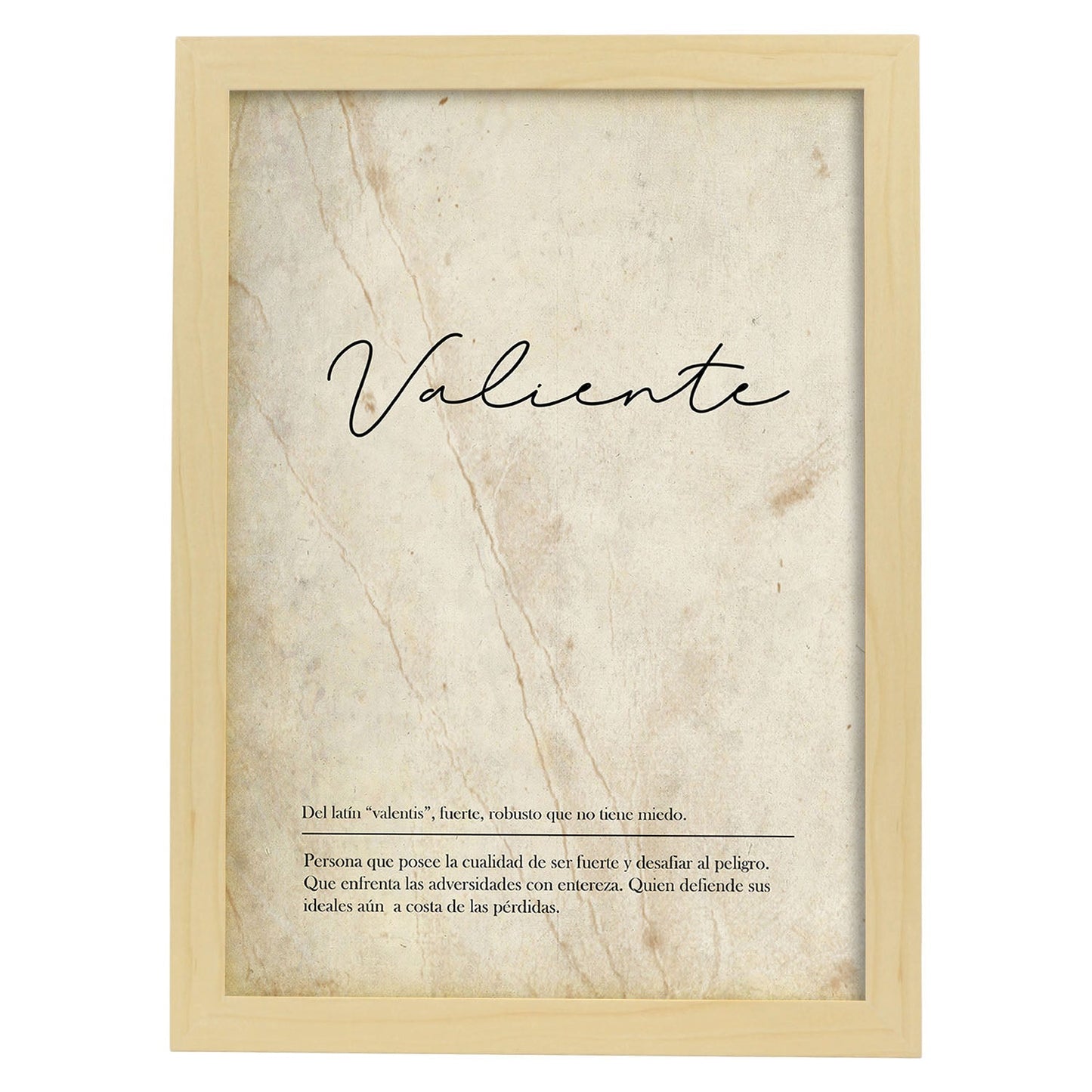 Lámina con la definición de la palabra Valiente en con Fondo Vintage-Artwork-Nacnic-A4-Marco Madera clara-Nacnic Estudio SL