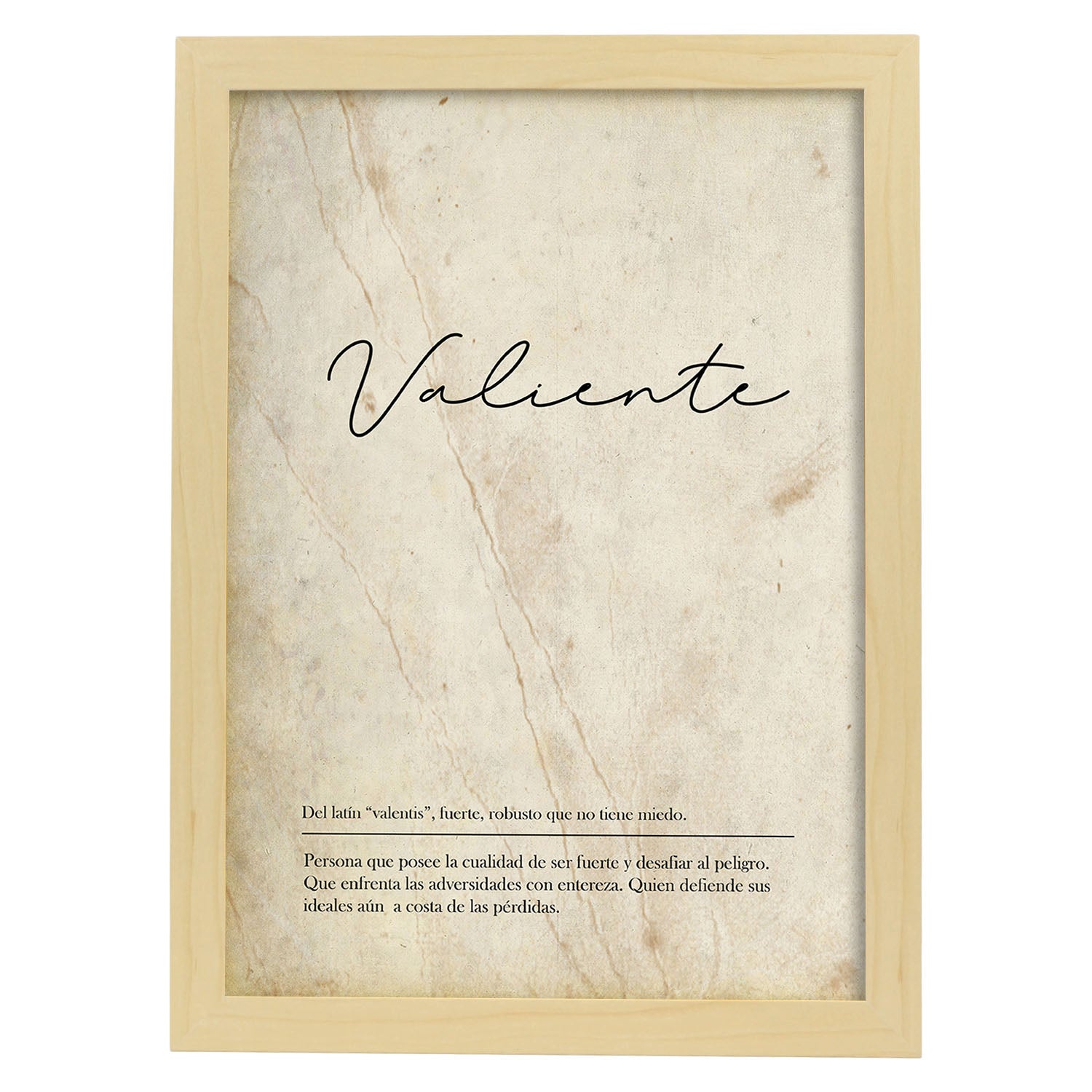 Lámina con la definición de la palabra Valiente en con Fondo Vintage-Artwork-Nacnic-A4-Marco Madera clara-Nacnic Estudio SL
