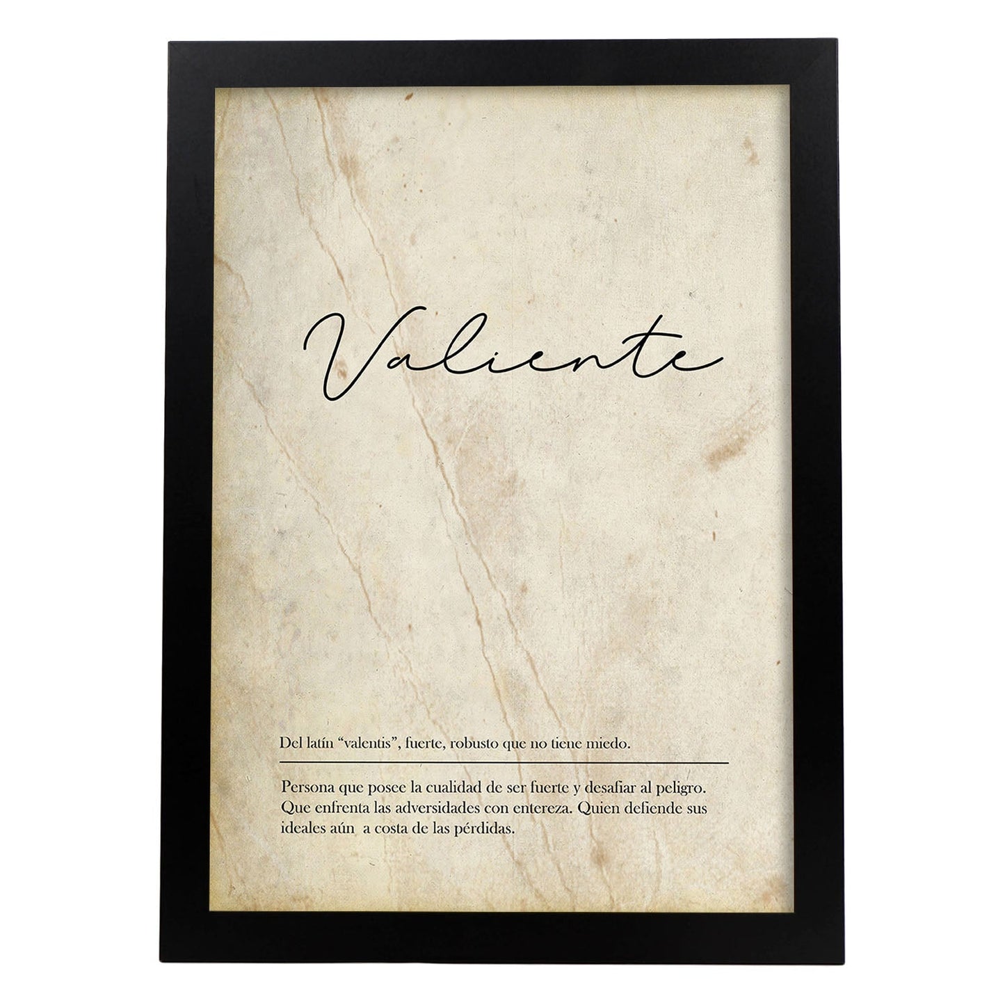 Lámina con la definición de la palabra Valiente en con Fondo Vintage-Artwork-Nacnic-A4-Marco Negro-Nacnic Estudio SL