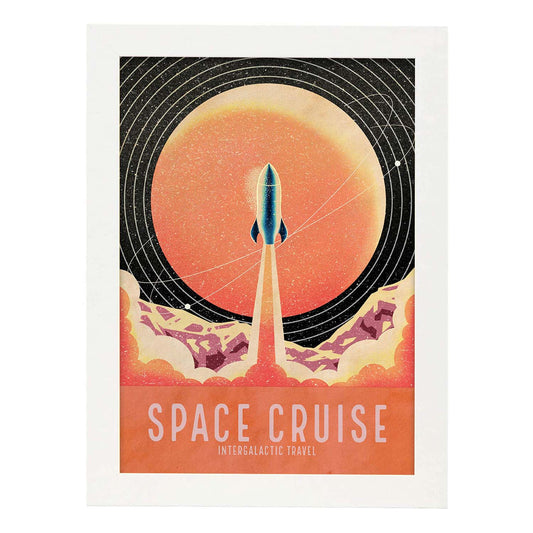 Lámina Crucero espacial. Pósters con detalladas ilustraciones del espacio. Coloridas imágenes de satélites, estrellas y planetas.-Artwork-Nacnic-A4-Marco Blanco-Nacnic Estudio SL