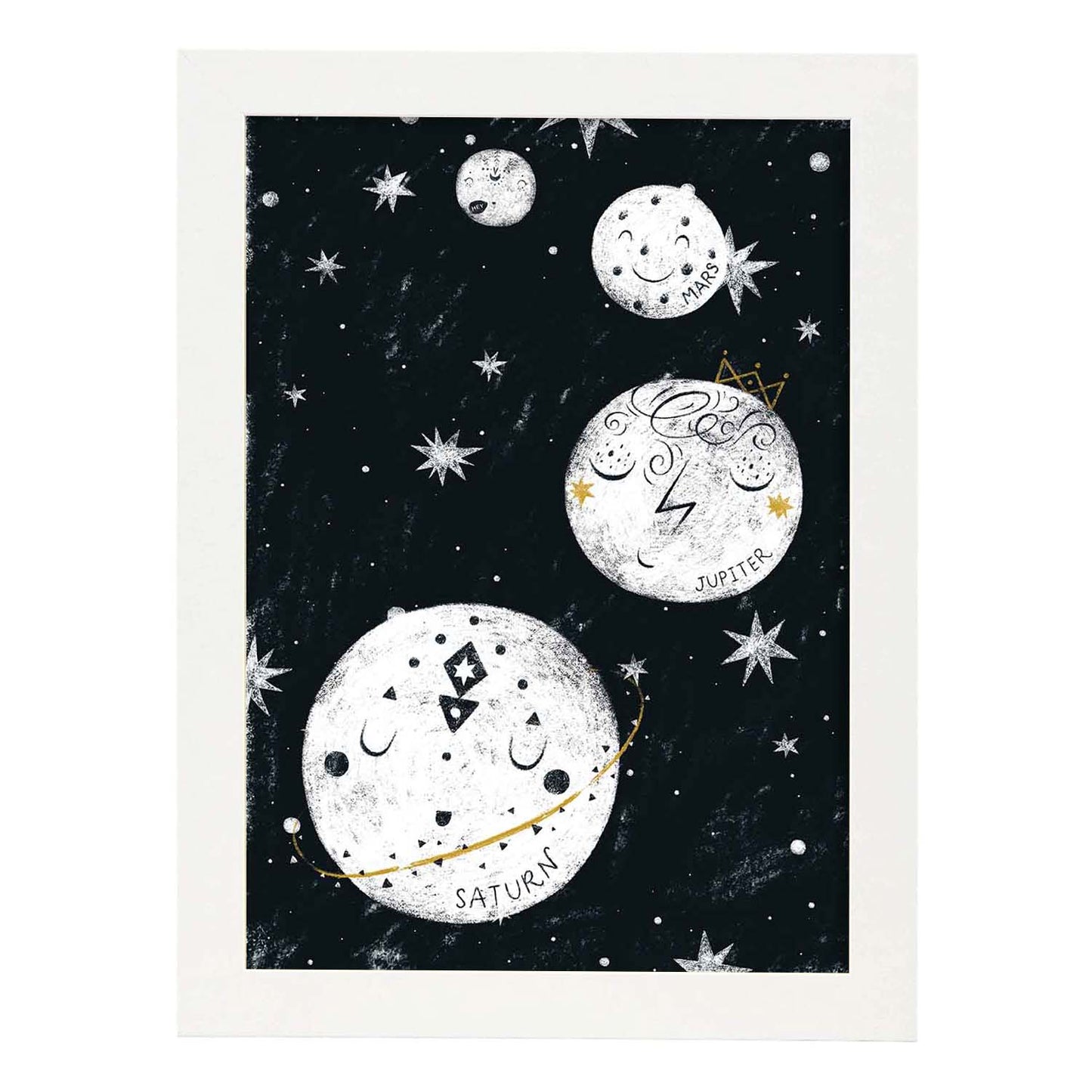 Lámina Cuatro planetas Estilo nordico blanco y negro. Composiciones planetarias infantiles-Artwork-Nacnic-A3-Marco Blanco-Nacnic Estudio SL