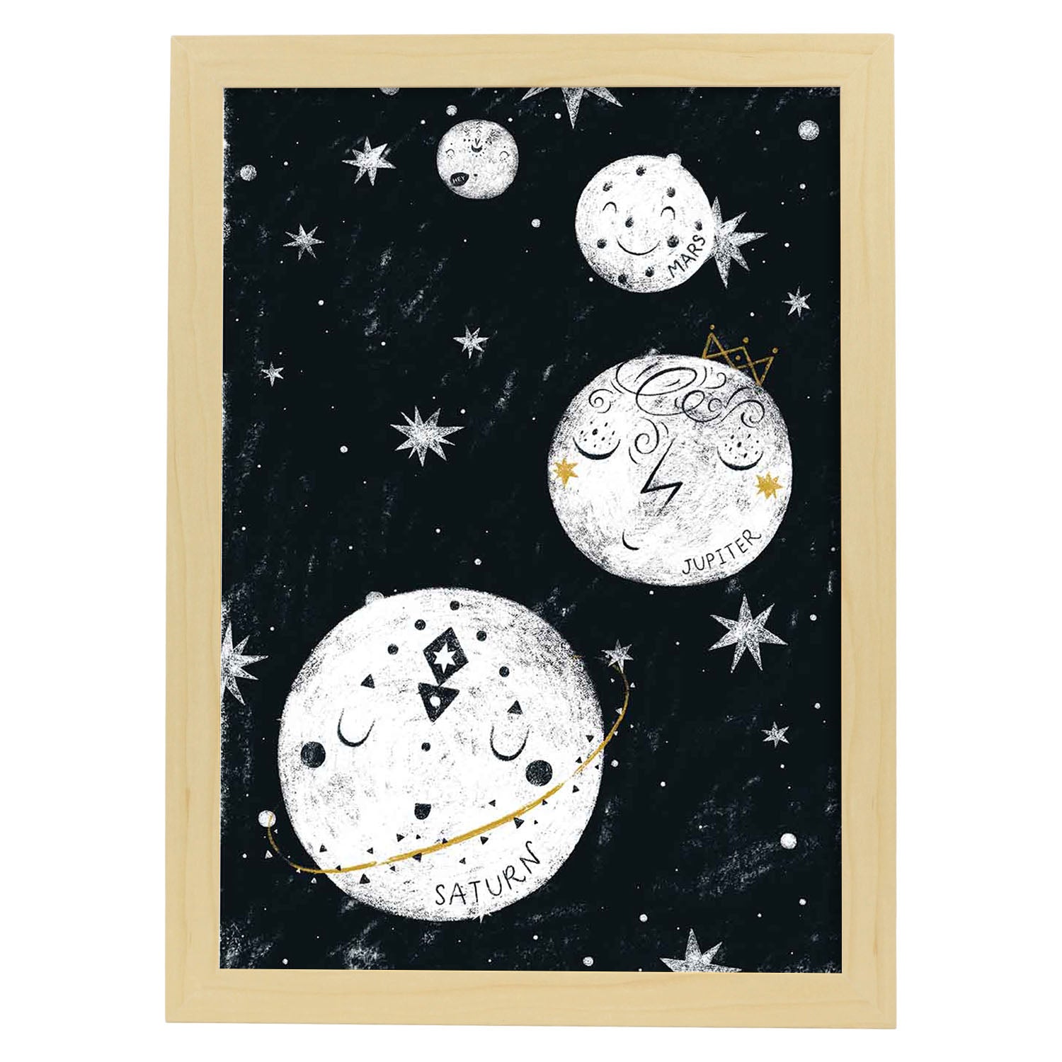 Lámina Cuatro planetas Estilo nordico blanco y negro. Composiciones planetarias infantiles-Artwork-Nacnic-A3-Marco Madera clara-Nacnic Estudio SL