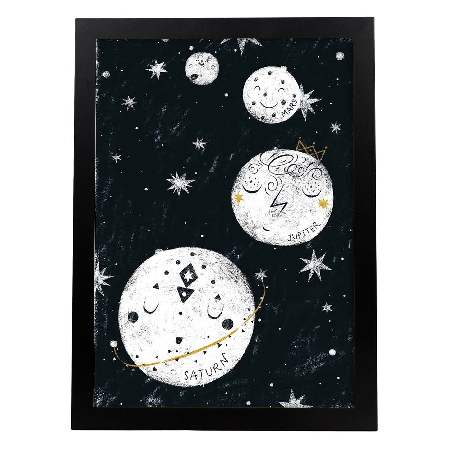 Lámina Cuatro planetas Estilo nordico blanco y negro. Composiciones planetarias infantiles-Artwork-Nacnic-A3-Marco Negro-Nacnic Estudio SL