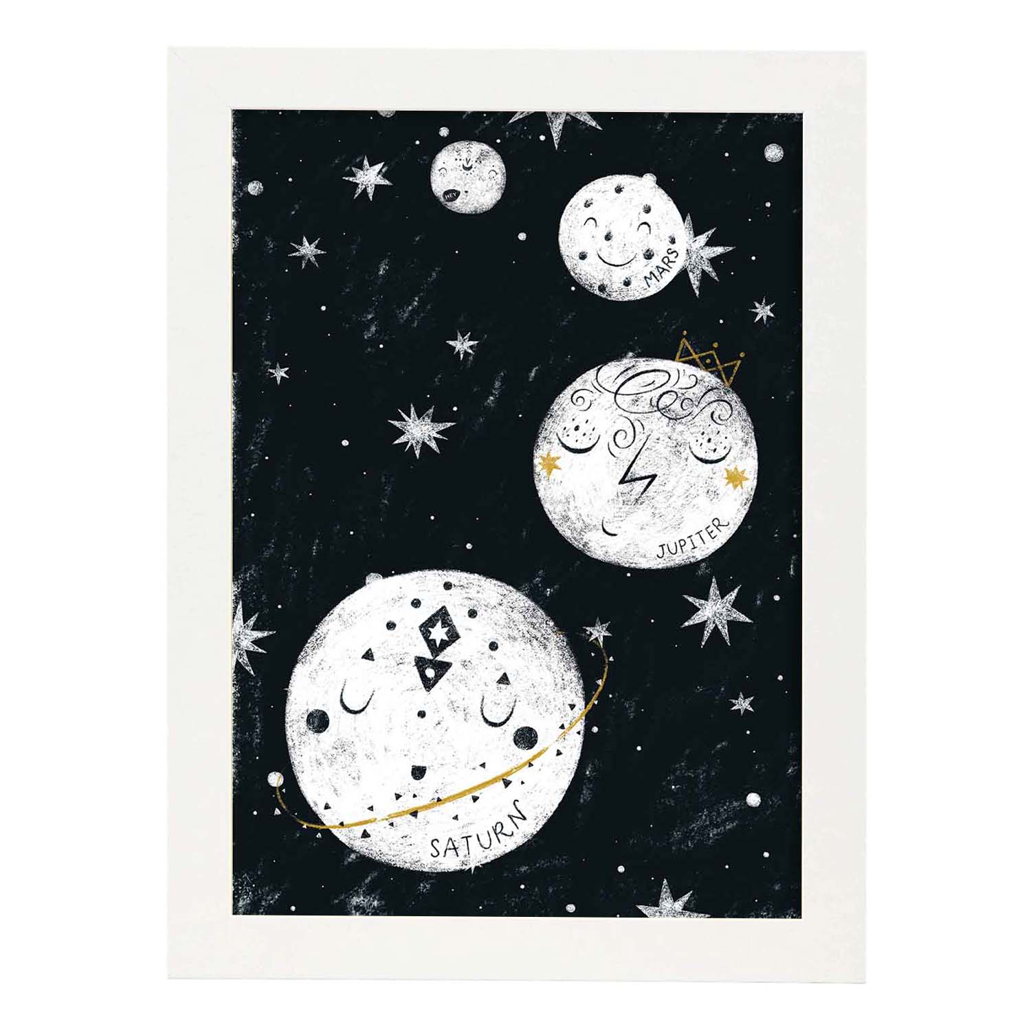 Lámina Cuatro planetas Estilo nordico blanco y negro. Composiciones planetarias infantiles-Artwork-Nacnic-A4-Marco Blanco-Nacnic Estudio SL
