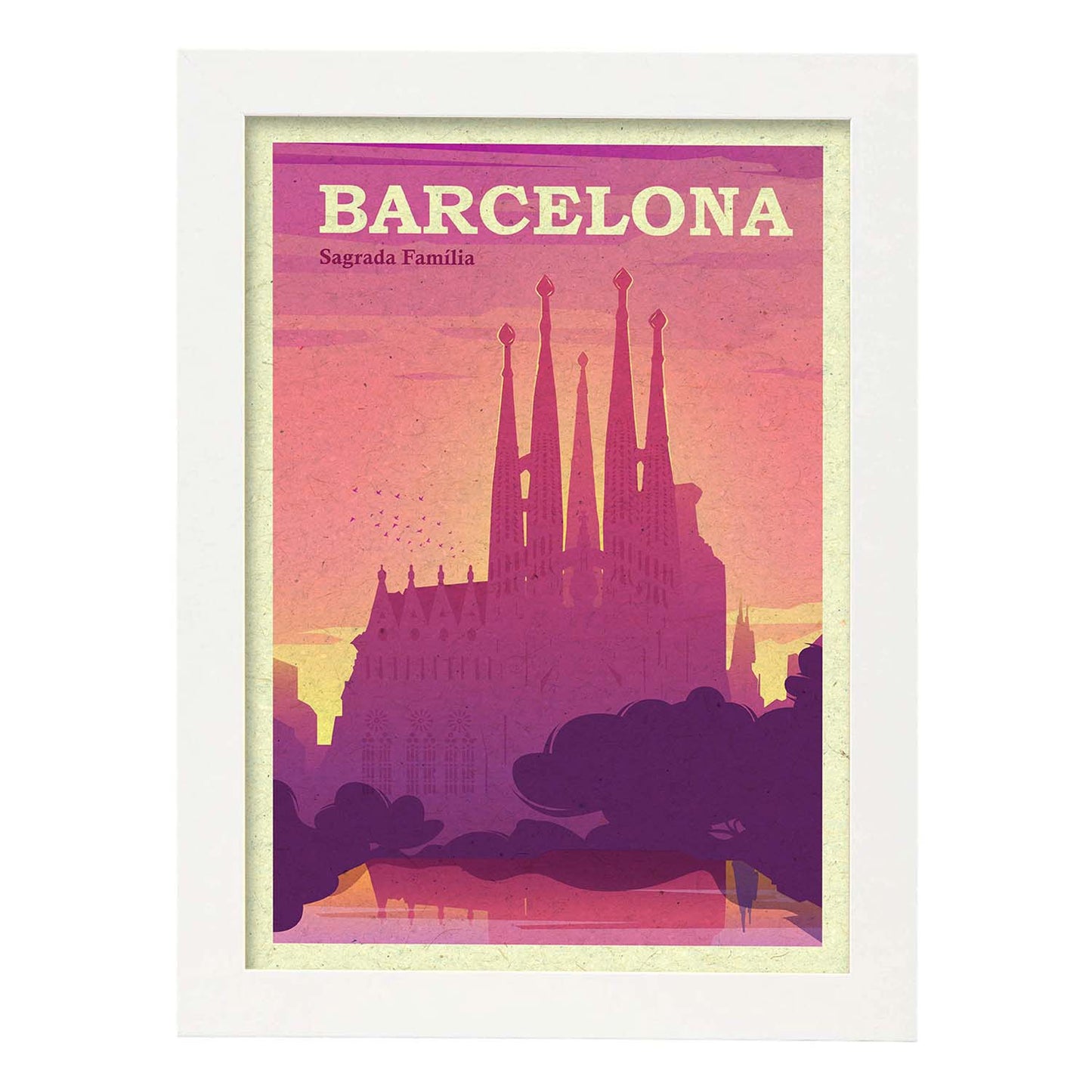 Lámina de Barcelona. Estilo vintage. Poster de la Sagrada Familia en colores. Anuncio Barcelona-Artwork-Nacnic-A3-Marco Blanco-Nacnic Estudio SL