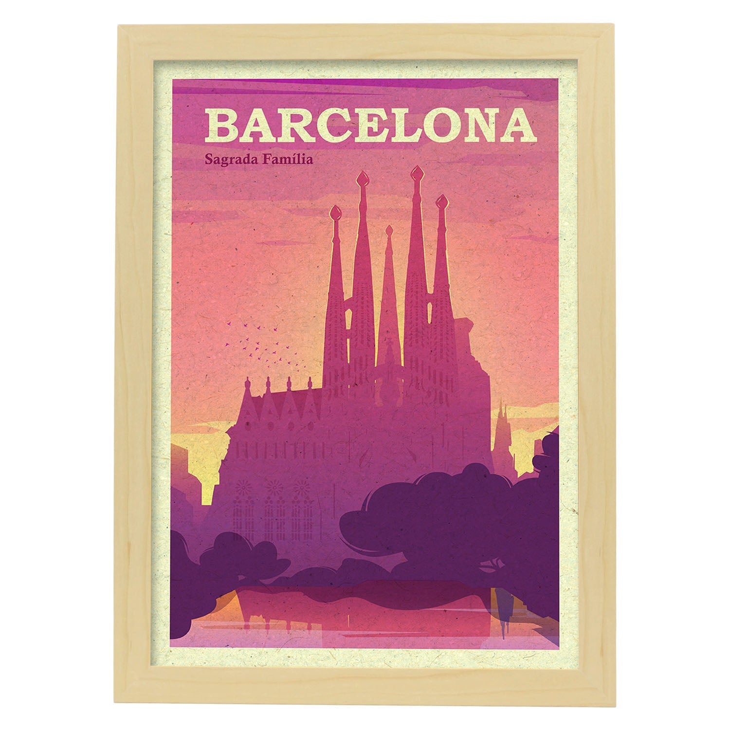 Lámina de Barcelona. Estilo vintage. Poster de la Sagrada Familia en colores. Anuncio Barcelona-Artwork-Nacnic-A3-Marco Madera clara-Nacnic Estudio SL