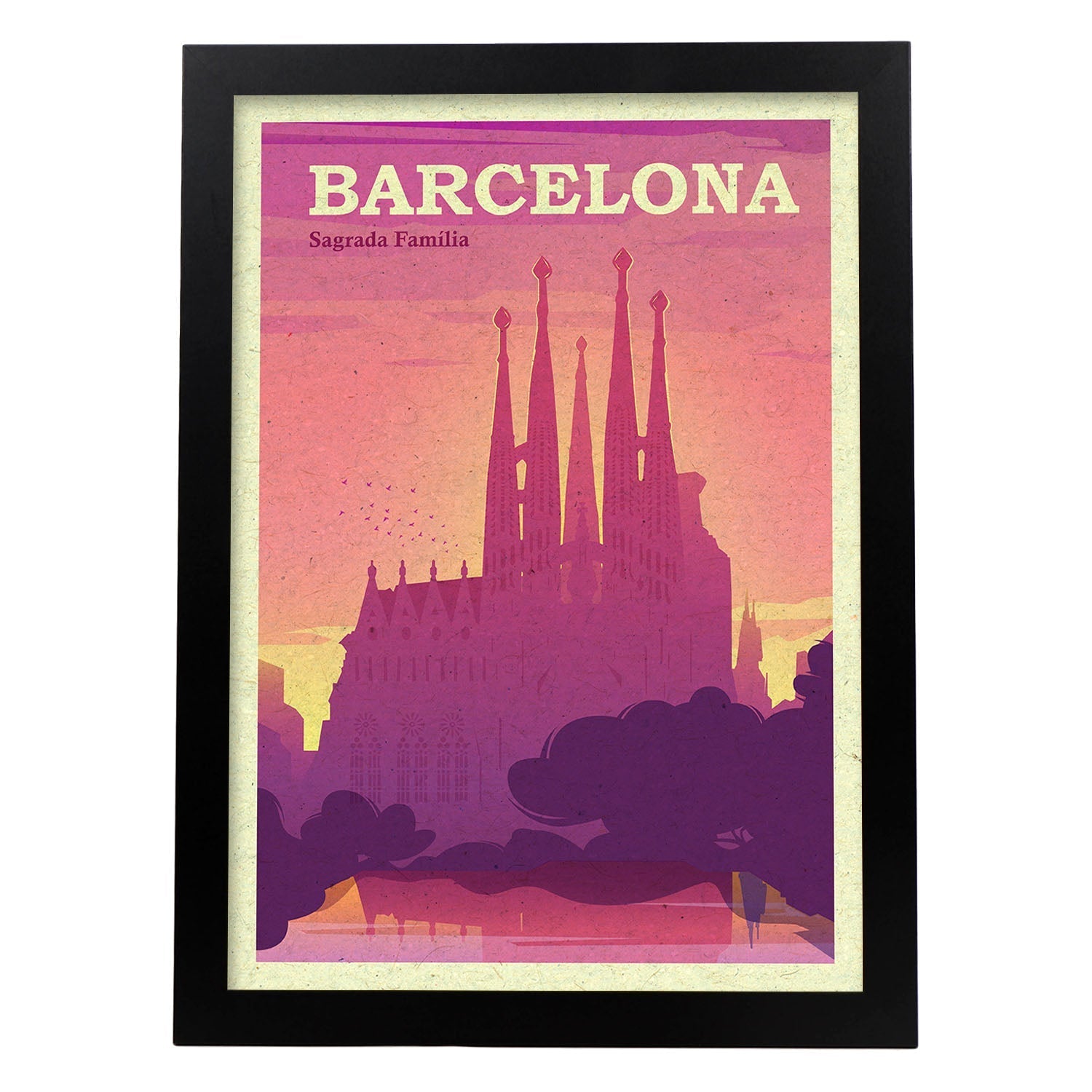 Lámina de Barcelona. Estilo vintage. Poster de la Sagrada Familia en colores. Anuncio Barcelona-Artwork-Nacnic-A3-Marco Negro-Nacnic Estudio SL