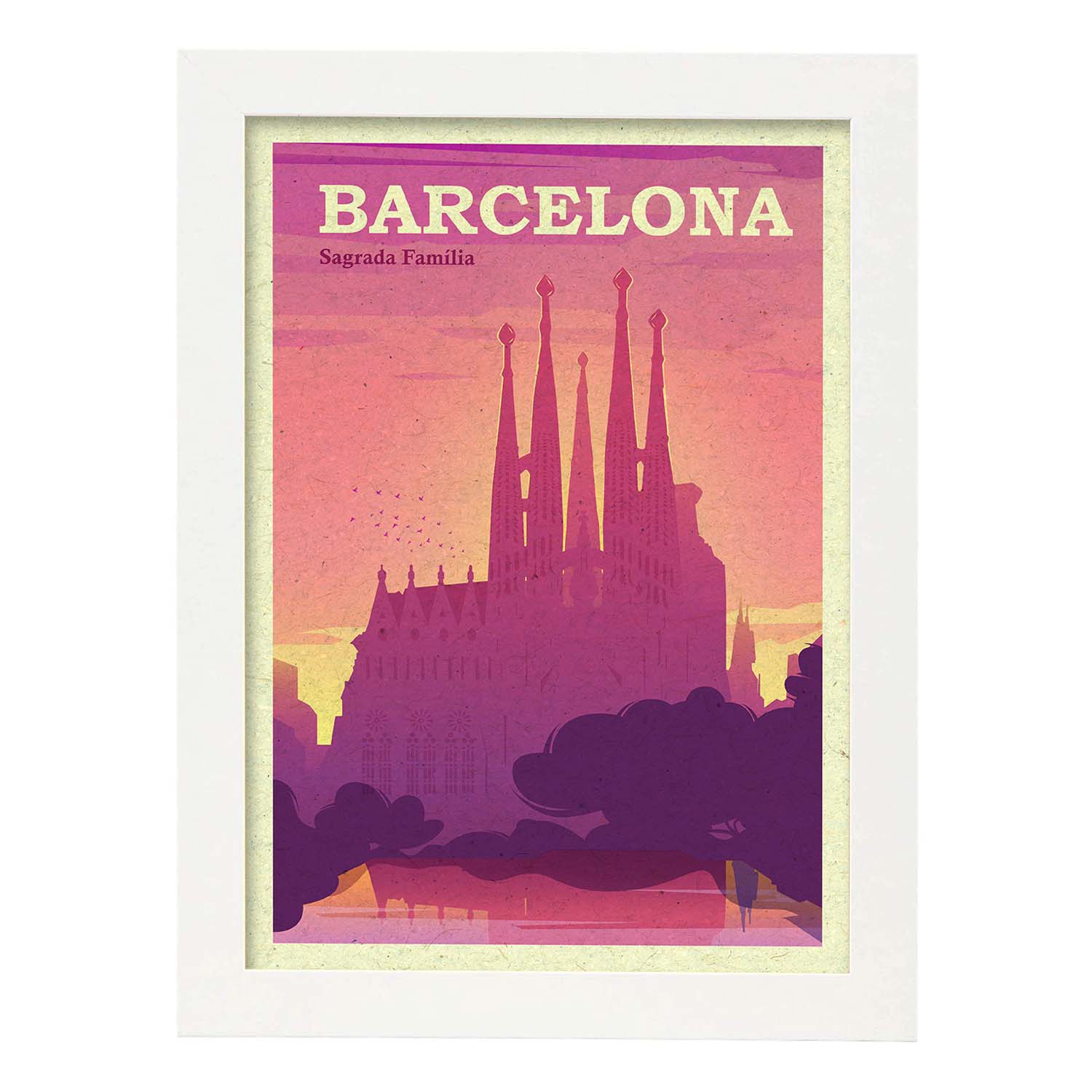 Lámina de Barcelona. Estilo vintage. Poster de la Sagrada Familia en colores. Anuncio Barcelona-Artwork-Nacnic-A4-Marco Blanco-Nacnic Estudio SL