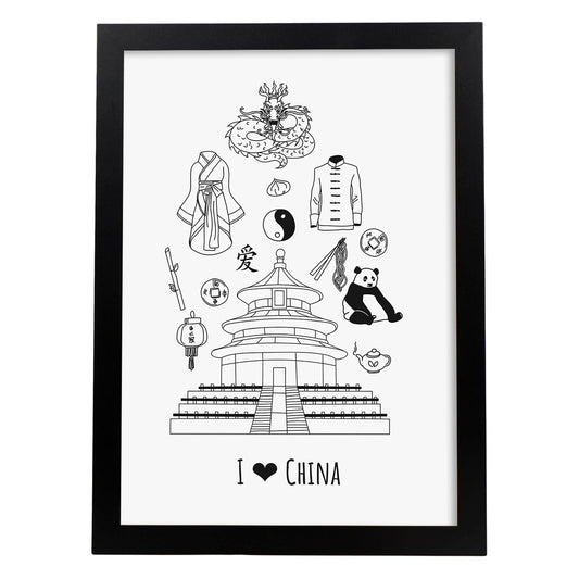 Lámina de China. Pósters de países y ciudades del mundo. Imágenes de monumentos y viajes.-Artwork-Nacnic-A4-Marco Negro-Nacnic Estudio SL