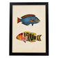 Lámina de dos peces azul, rojo, amarillo y naranja en , fondo papel vintage.-Artwork-Nacnic-A3-Marco Negro-Nacnic Estudio SL
