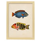Lámina de dos peces azul, rojo, amarillo y naranja en , fondo papel vintage.-Artwork-Nacnic-A4-Marco Madera clara-Nacnic Estudio SL