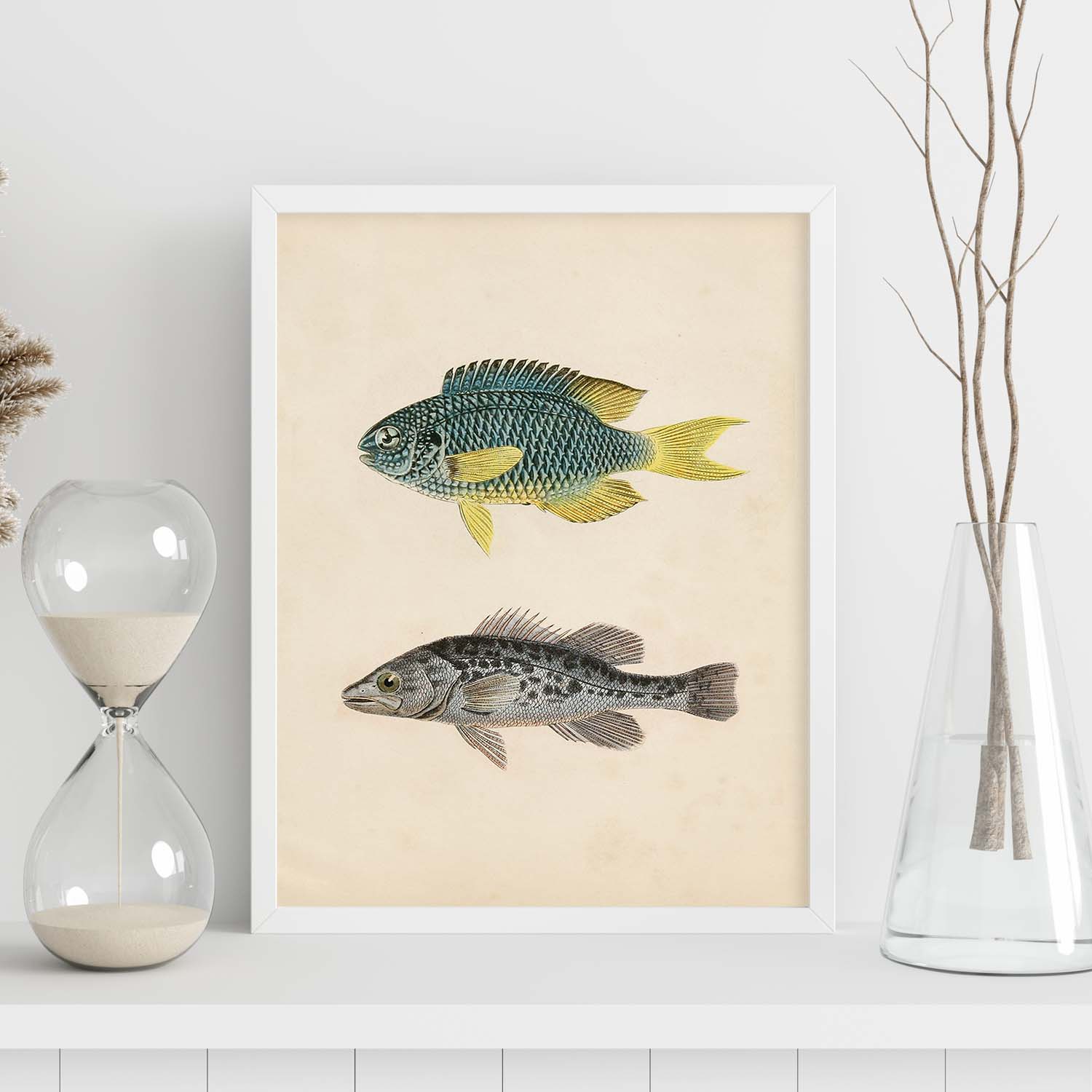 Lámina de dos peces azul y amarilo y gris moteado en , fondo papel vintage.-Artwork-Nacnic-Nacnic Estudio SL