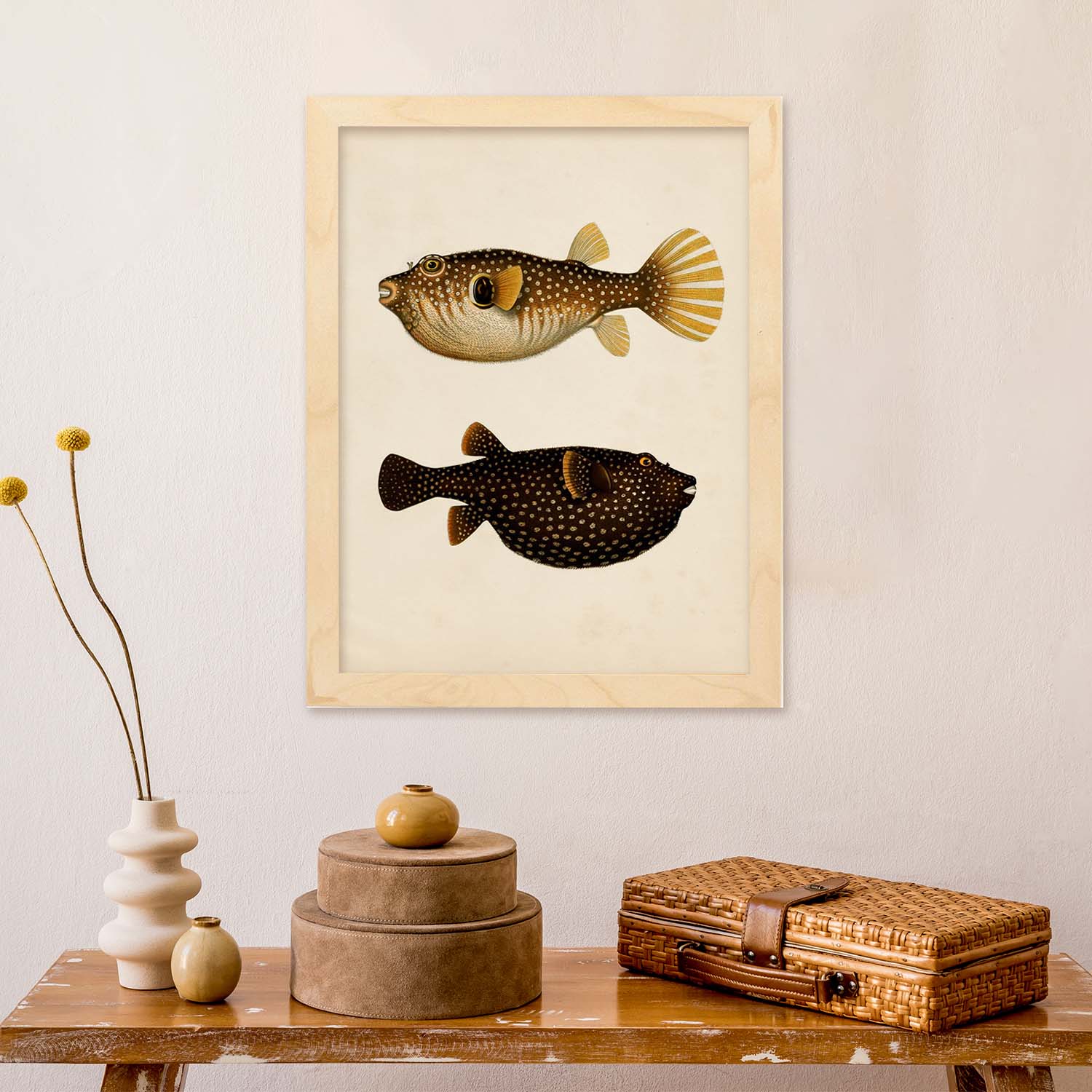 Lámina de dos peces marron, naranja, negro y amarillo en , fondo papel vintage.-Artwork-Nacnic-Nacnic Estudio SL