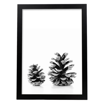 Lámina de dos piñas de pino frontal en , en blanco y negro.-Artwork-Nacnic-A4-Marco Negro-Nacnic Estudio SL