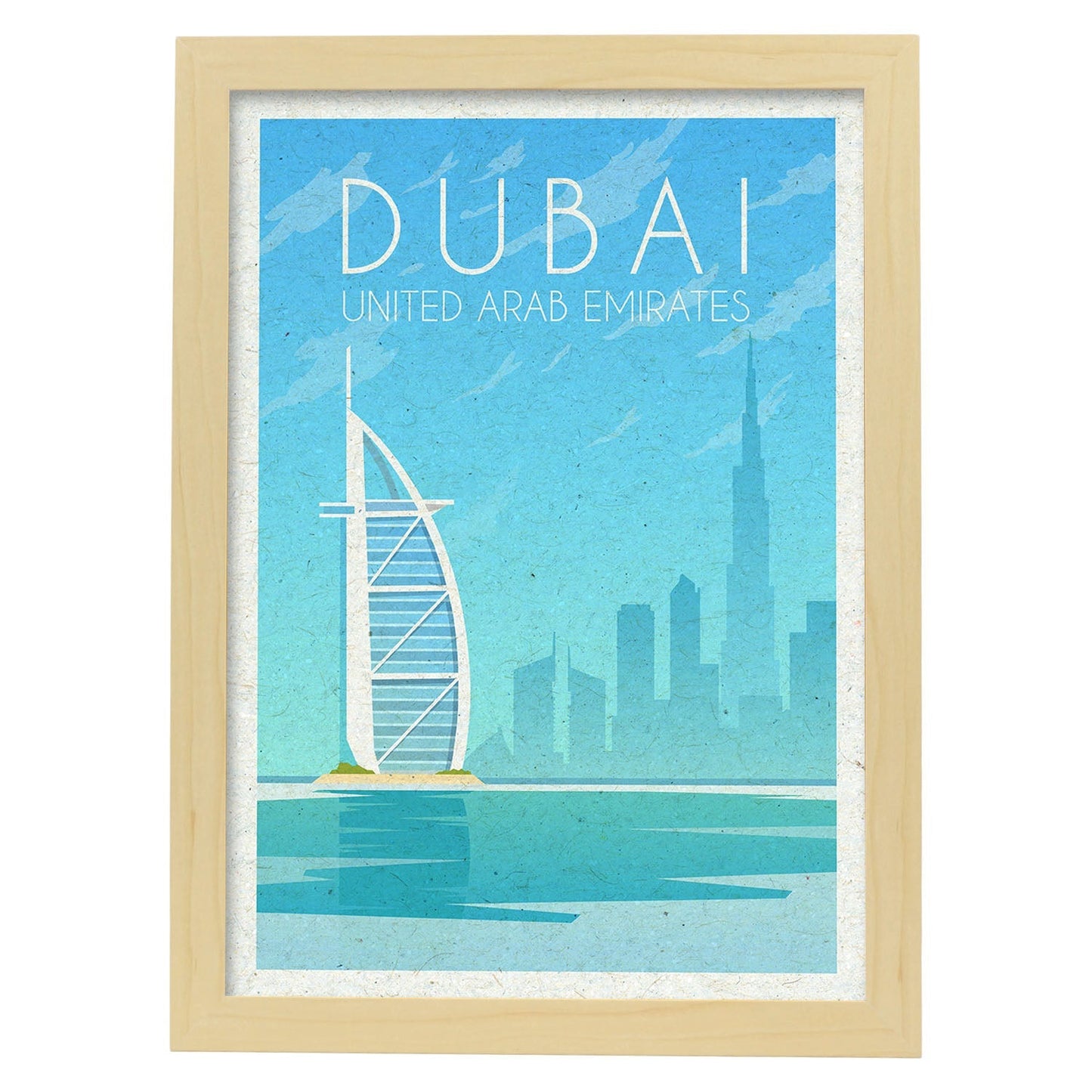 Lámina de Dubai. Estilo vintage. Poster ciudad en colores. Anuncio Dubai-Artwork-Nacnic-A3-Marco Madera clara-Nacnic Estudio SL