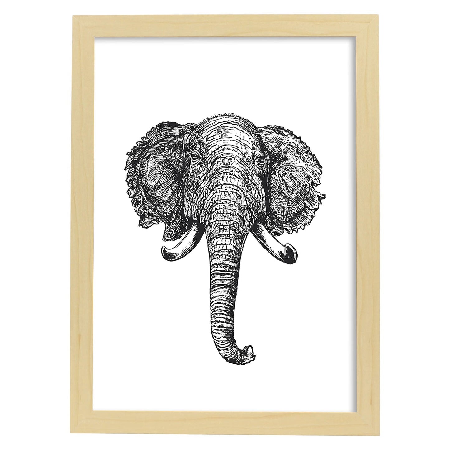 Lámina de Elefante frente. Posters con animales en blanco y negro.-Artwork-Nacnic-A3-Marco Madera clara-Nacnic Estudio SL