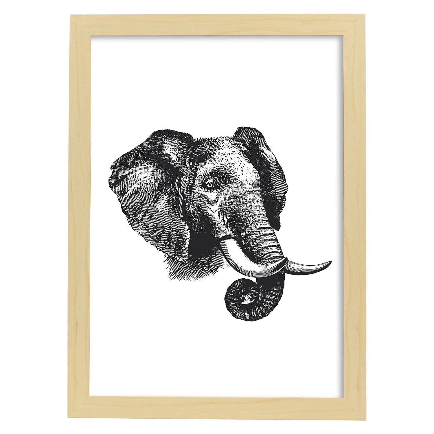 Lámina de Elefante perfil. Posters con animales en blanco y negro.-Artwork-Nacnic-A3-Marco Madera clara-Nacnic Estudio SL