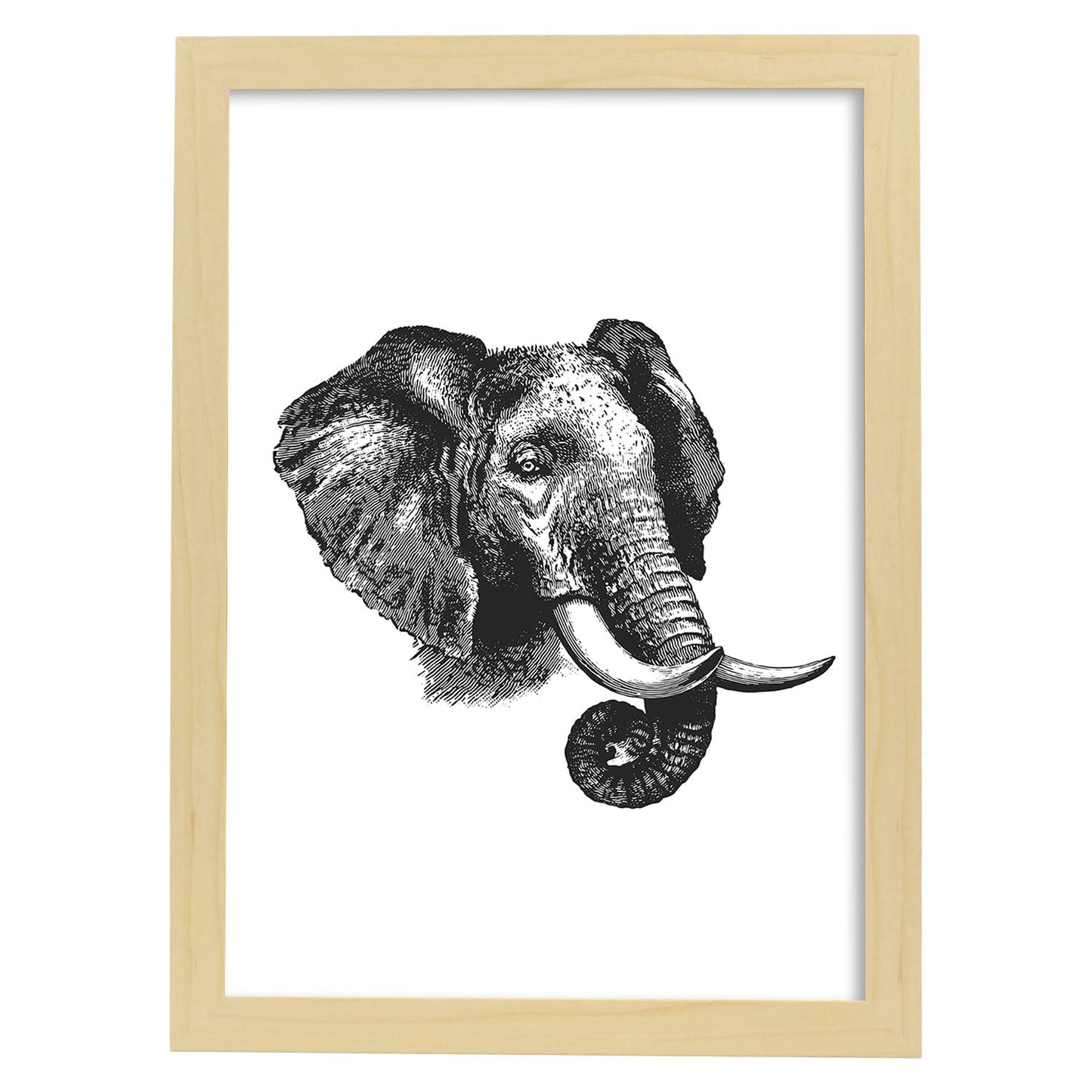 Lámina de Elefante perfil. Posters con animales en blanco y negro.-Artwork-Nacnic-A4-Marco Madera clara-Nacnic Estudio SL