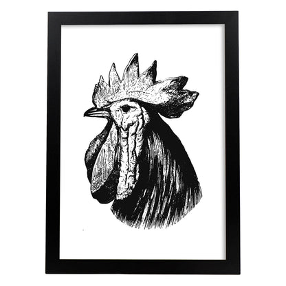 Lámina de Gallo. Posters con animales en blanco y negro.-Artwork-Nacnic-A4-Marco Negro-Nacnic Estudio SL