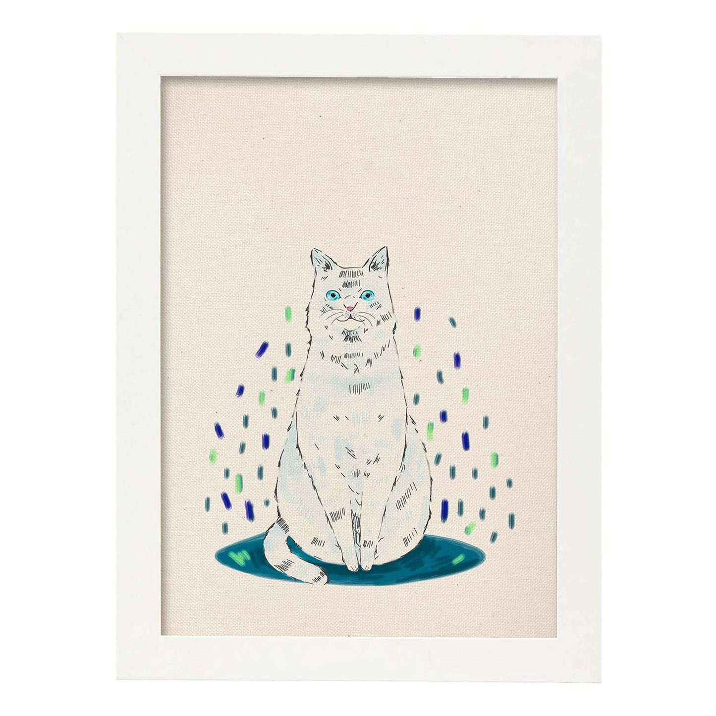 Lámina de gato blanco sentado en , colorido divertido .-Artwork-Nacnic-A3-Marco Blanco-Nacnic Estudio SL
