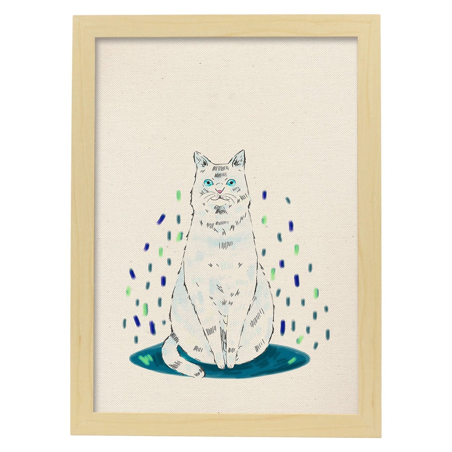Lámina de gato blanco sentado en , colorido divertido .-Artwork-Nacnic-A3-Marco Madera clara-Nacnic Estudio SL