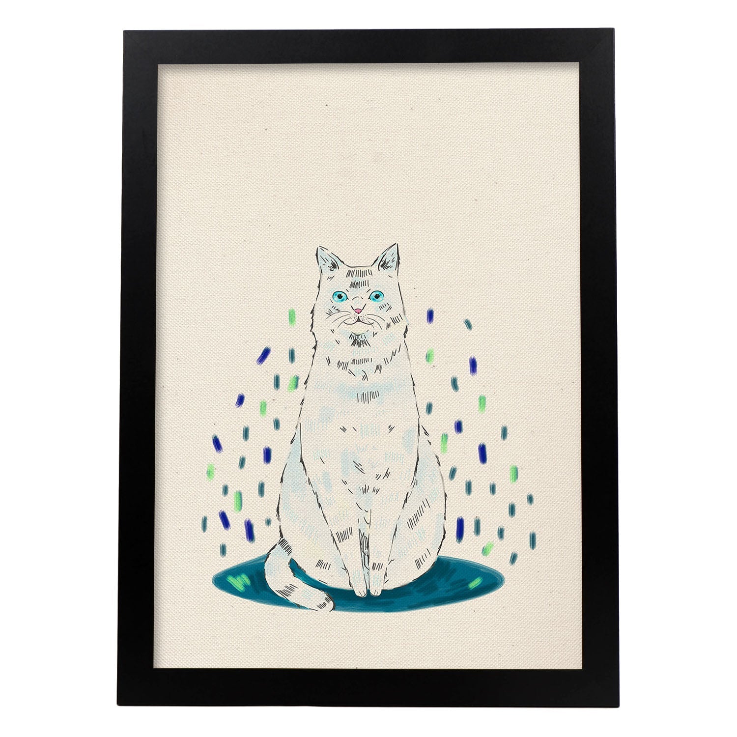 Lámina de gato blanco sentado en , colorido divertido .-Artwork-Nacnic-A3-Marco Negro-Nacnic Estudio SL