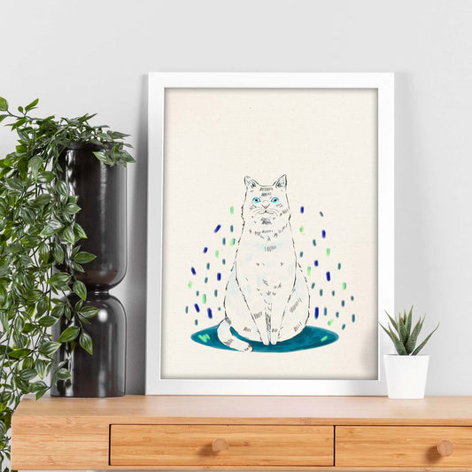 Lámina de gato blanco sentado en , colorido divertido .-Artwork-Nacnic-Nacnic Estudio SL