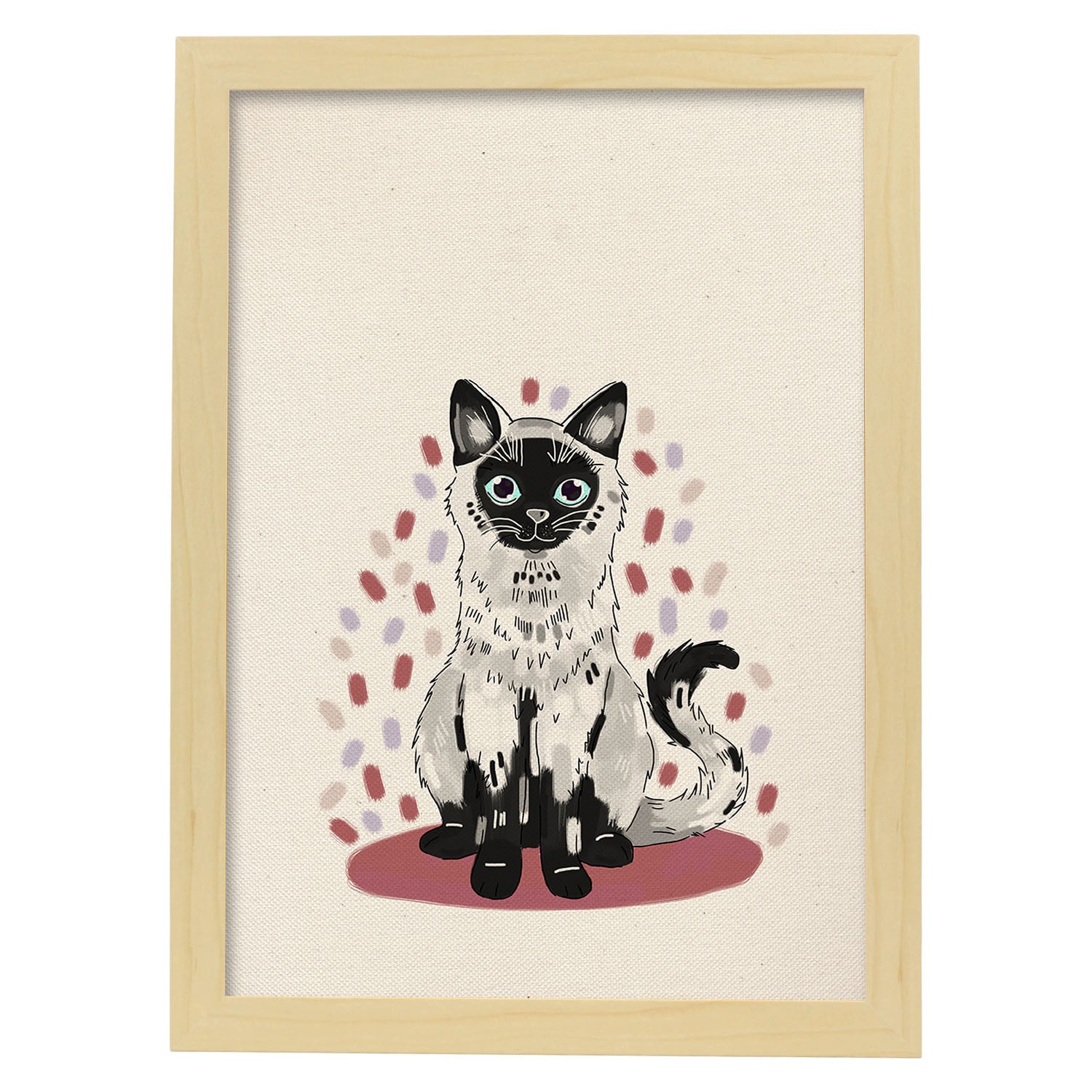 Lámina de gato blanco y negro sentado en , colorido divertido .-Artwork-Nacnic-A4-Marco Madera clara-Nacnic Estudio SL