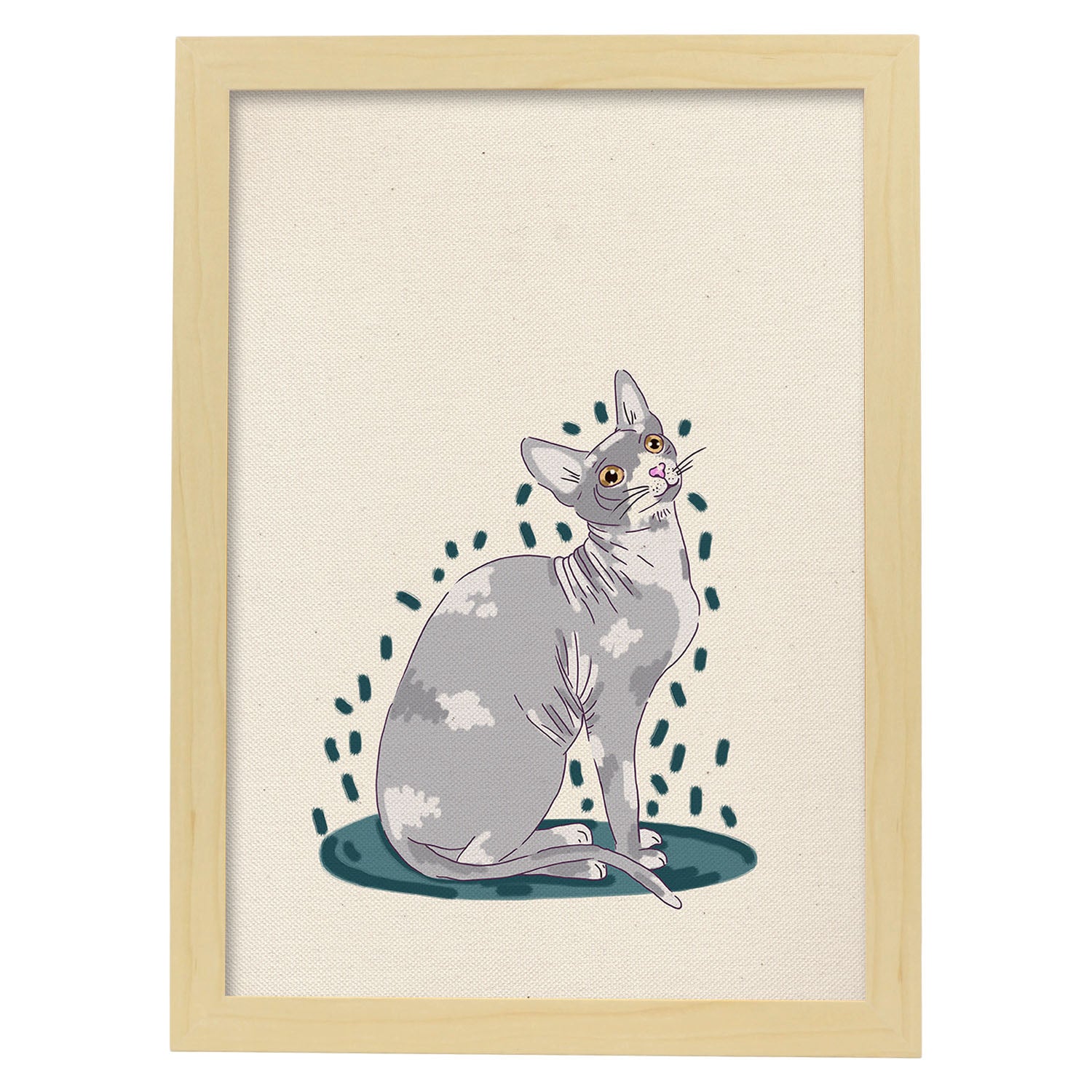Lámina de gato esfinge gris en , colorido divertido .-Artwork-Nacnic-A3-Marco Madera clara-Nacnic Estudio SL