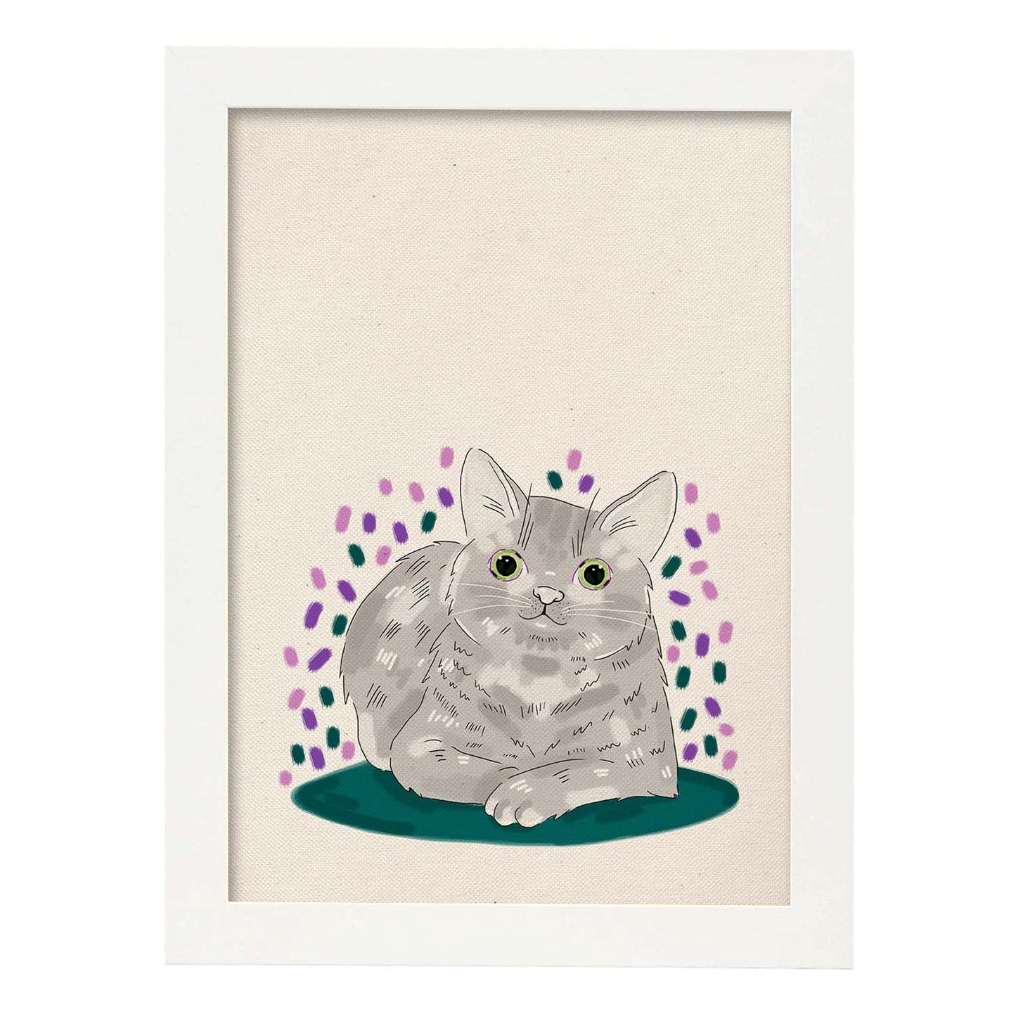 Lámina de gato gris tumbado en , colorido divertido .-Artwork-Nacnic-A4-Marco Blanco-Nacnic Estudio SL