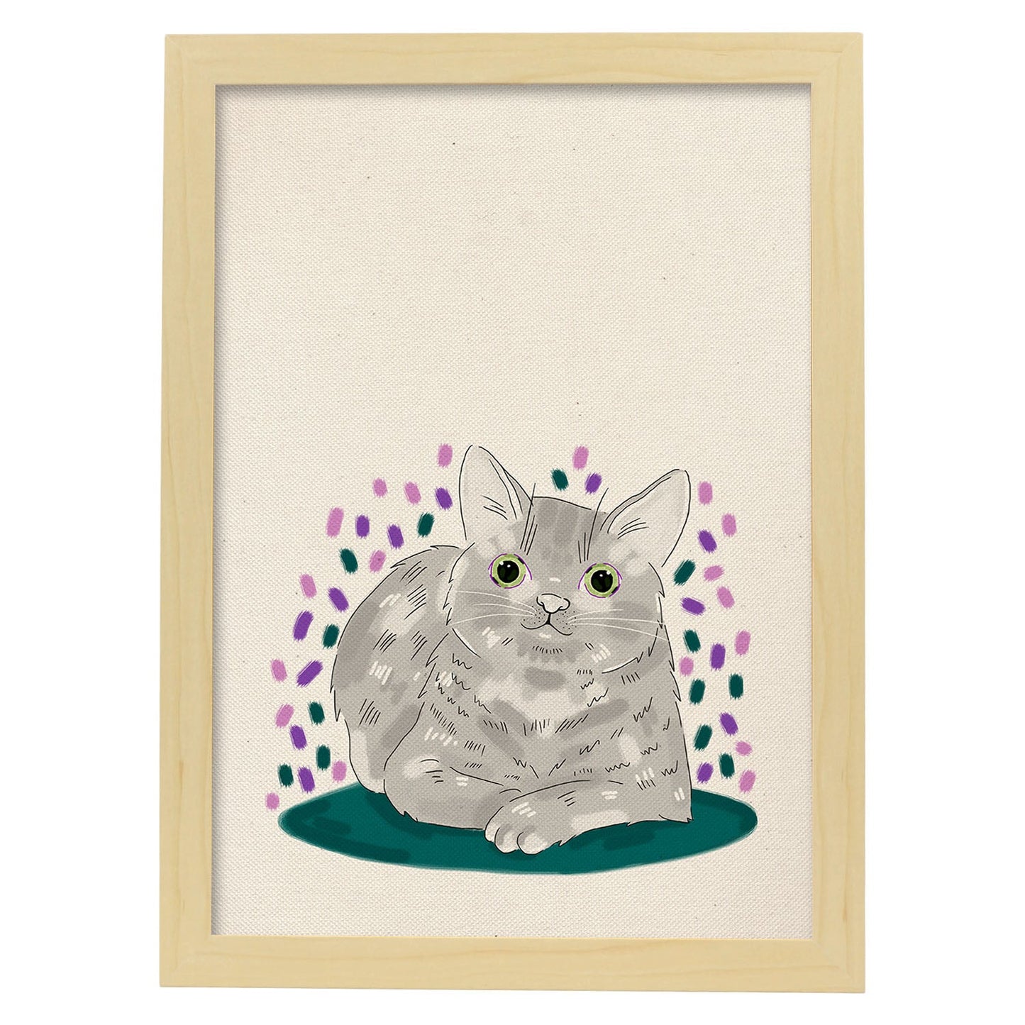 Lámina de gato gris tumbado en , colorido divertido .-Artwork-Nacnic-A4-Marco Madera clara-Nacnic Estudio SL